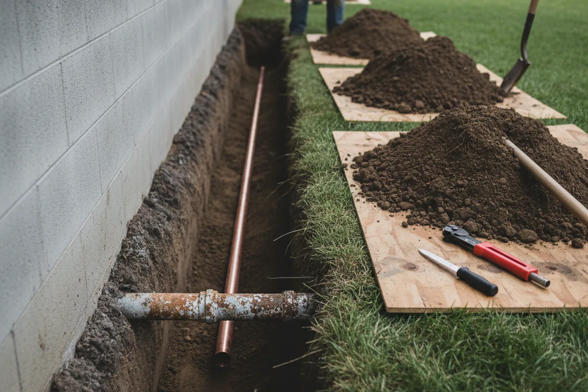 Excavated water line trench during Water Softener Installation in Bruin